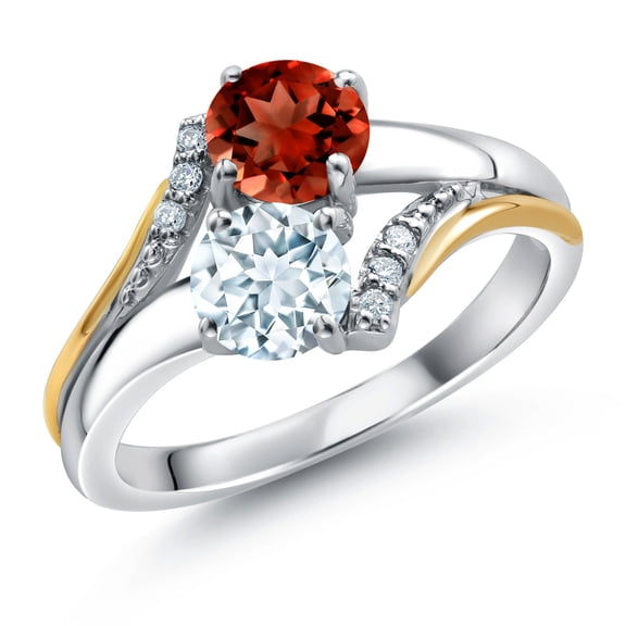 Gem Stone King 10K Yellow Gold and 925 Silver Sky Blue Aquamarine and Red Garnet and White Lab Grown Diamond Accent Engagement Ring for Women (1.53 Cttw, Gemstone March Birthstone, Round 5MM, Size 9)