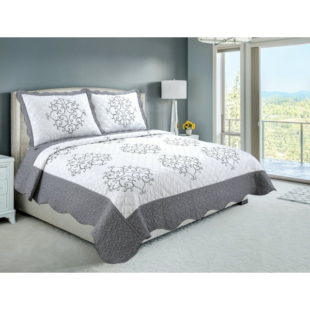 embroidered coverlet bedspread and quilted sham set featuring silver mandala blazon pattern with gray border on white bedding