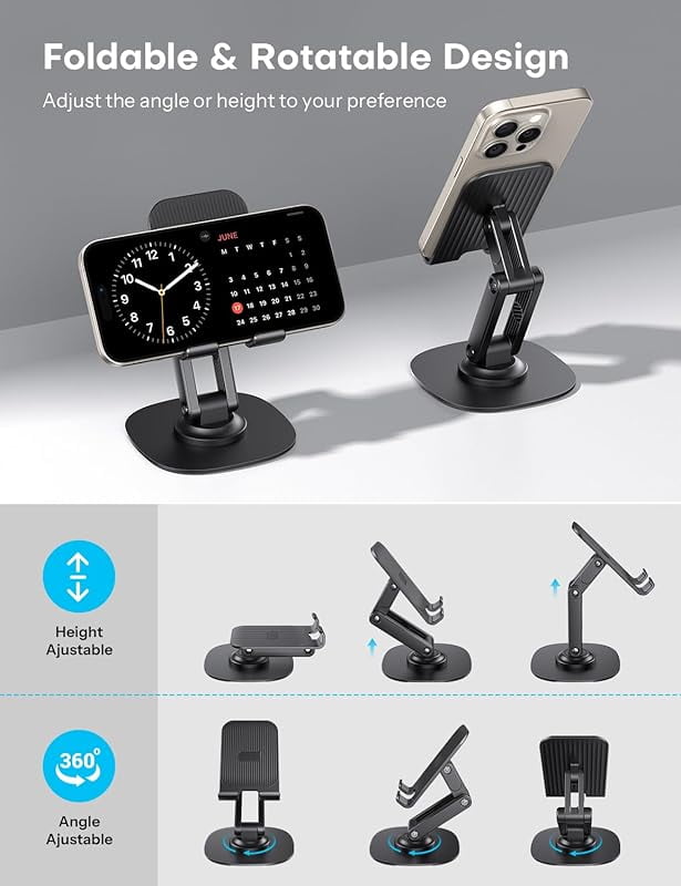 Cell Phone Stand for Desk, 2 Pack Adjustable Foldable Phone Holder, 360 Swivel Mobile Stand Fit for iPhone 16 15 14 13 12 Pro Max and All Smart Phones, Black & White