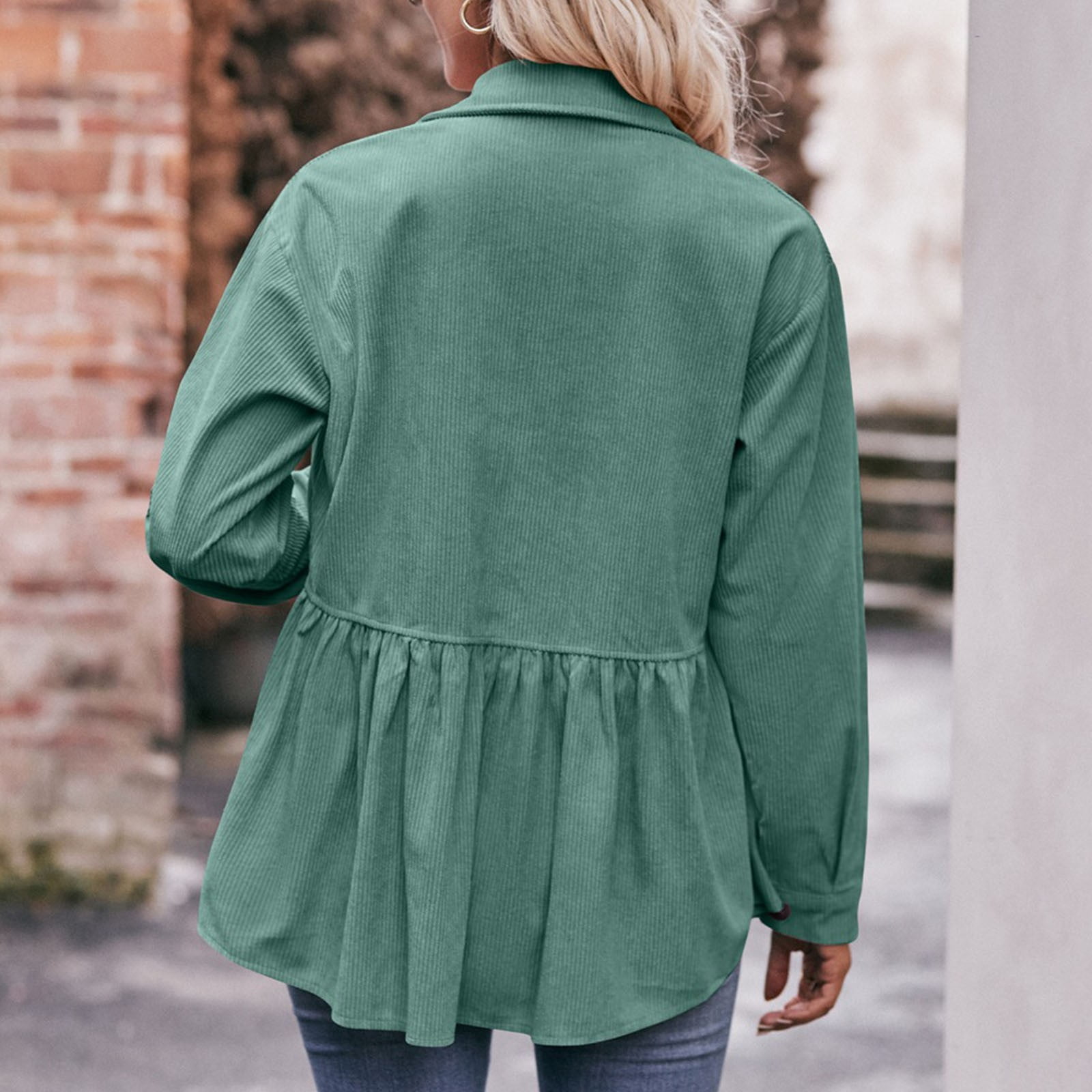 Women Corduroy Peplum Shacket Jacket Long Sleeve Button Down Babydoll Shirts Oversized Casual Collared Blouses Tops Green S