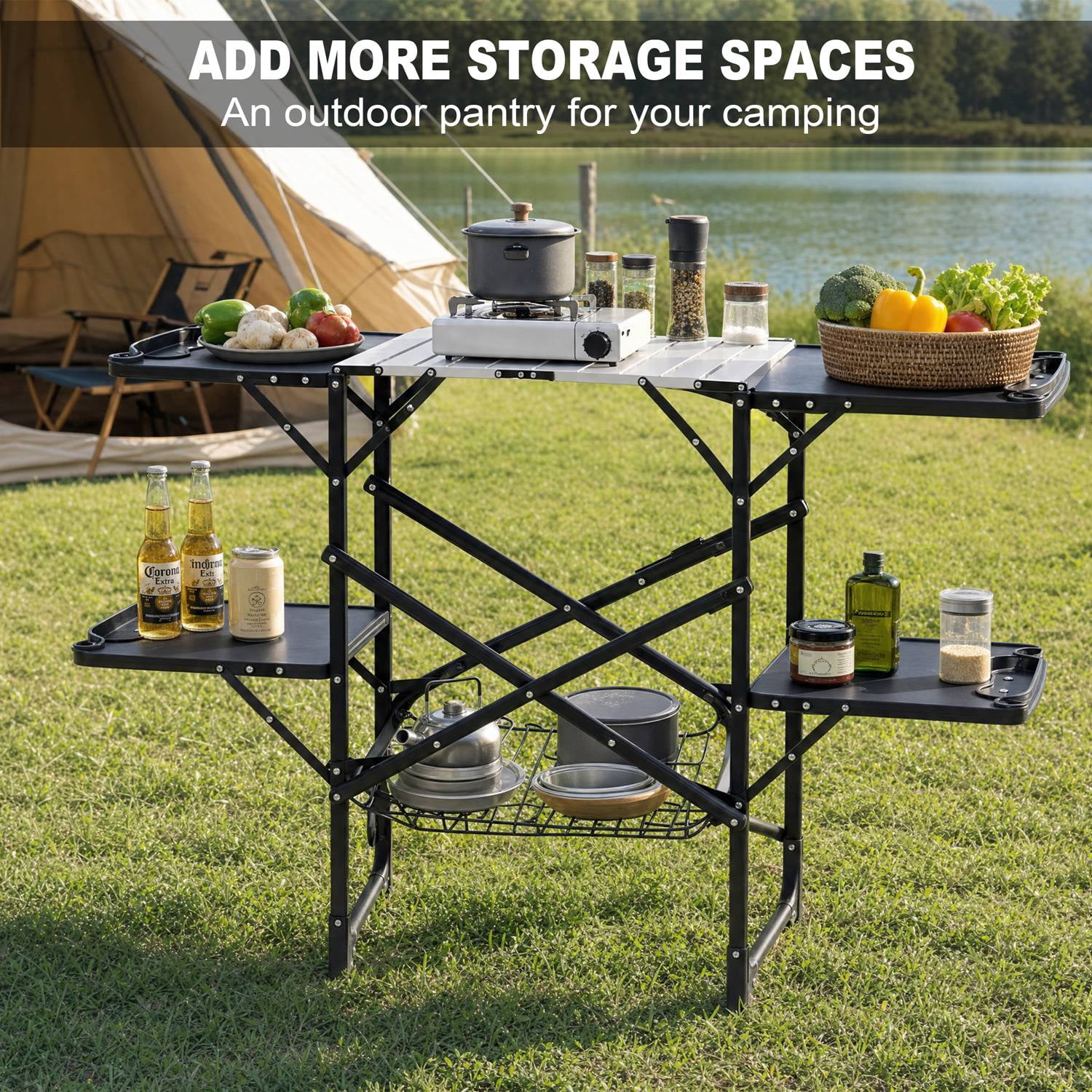 Folding Camping Kitchen Table with 4 Side Tables and Storage Rack