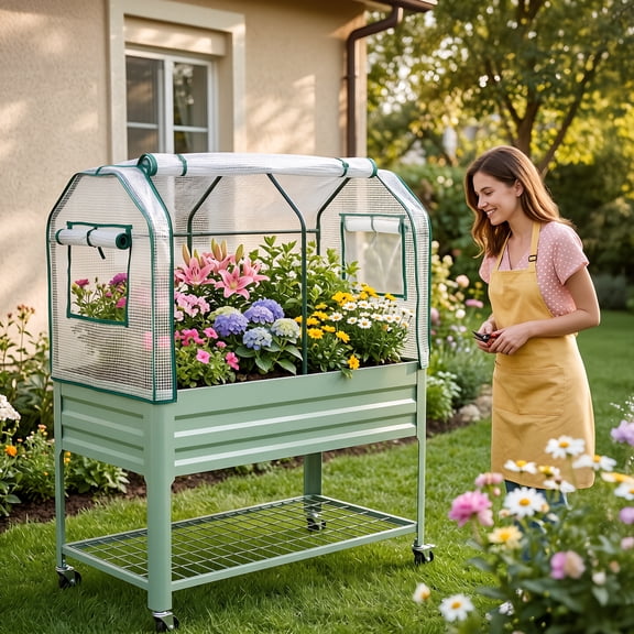 Garvee Galvanized Raised Garden Bed with Greenhouse Cover – Elevated Metal Planter Box with Wheels and Bottom Shelf, Weather-Resistant Flower and Vegetable Planter for Patio, Balcony, or Backyard