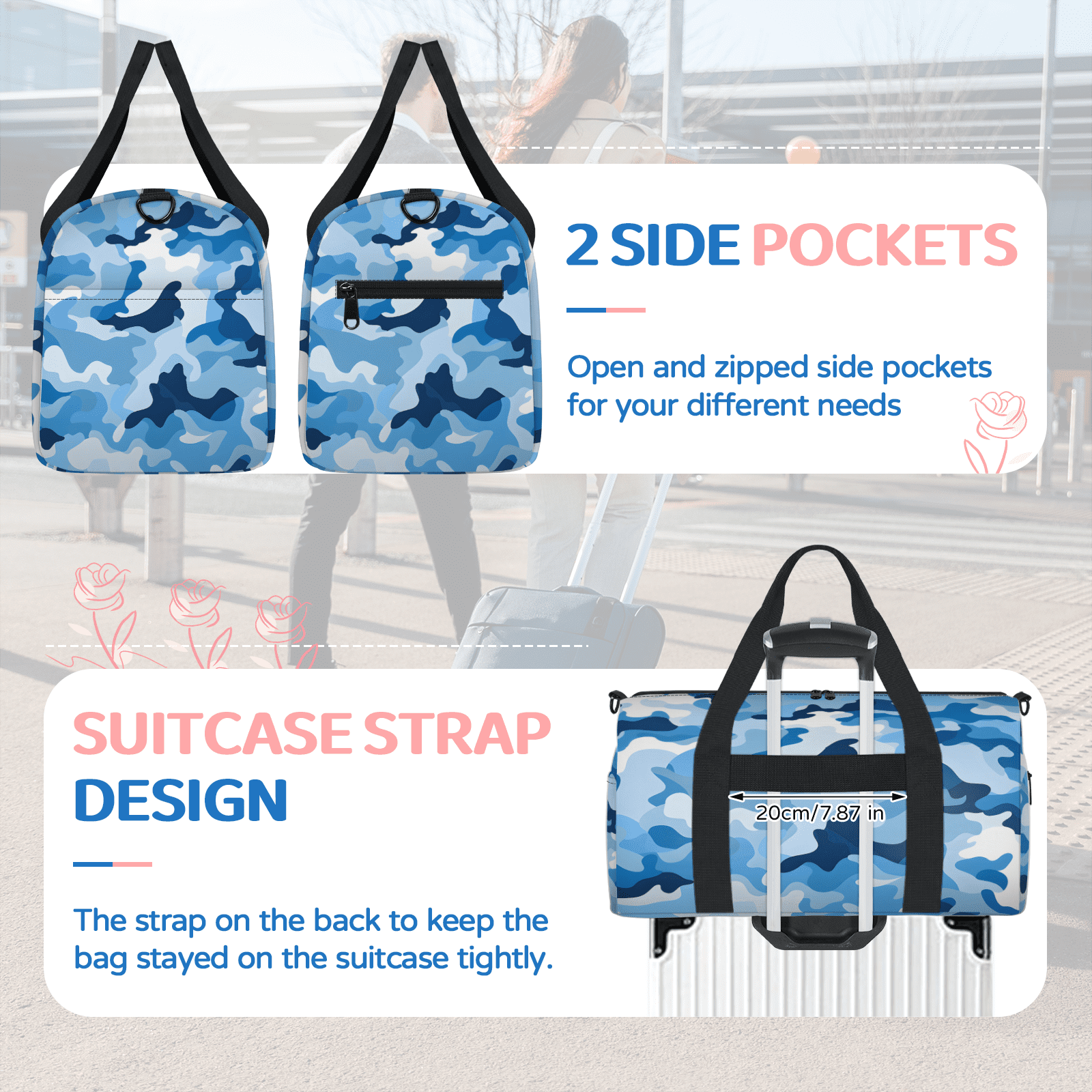Herdesigns Blue Gym Bag for Women, Duffle Bag for Travel Sport, Camo Lightweight Waterproof Carry on Weekender Dance Yoga Workout Bags