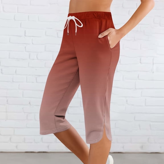FAIOROI 2025 Trendy Red Womens Casual Pants with Pockets for Summer Ladies Comfortable Stretch Capris Capri Pants XL