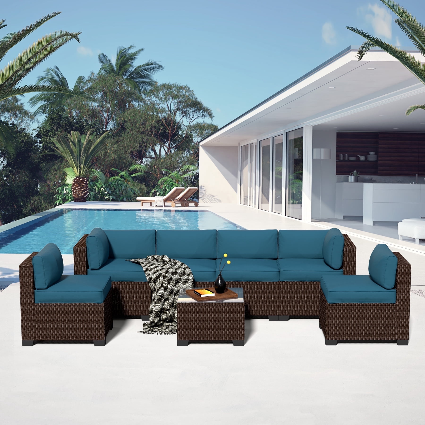 7-Piece Outdoor Patio Furniture Set, PE Rattan Sectional Sofa with Waterproof Cushions & Coffee Table, Modern Patio Conversation Set for Porch, Balcony, Backyard (Peacock Blue)