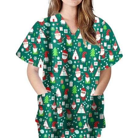 

KDDYLITQ Thanksgiving Scrub Tops Women Christmas T Shirt Short Sleeve Fall V Neck Stretchy Womens Top Nurses Uniform Top Printed Blouse with Pockets Green M