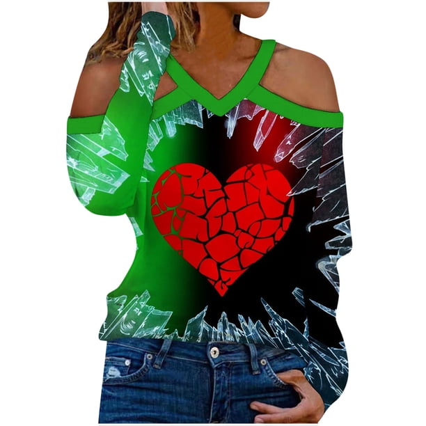 Día de San Valentín Moda Mujer Casual Manga larga Fuera del hombro Halter Cuello en V Corazón Estampado Top Blusa Pompotops FGAJ13341