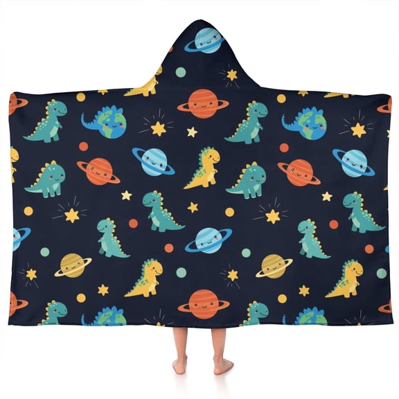 Dark Blue Dinosaurs Space Pattern Hooded Bath Towel,50"x30" for Ages 3 To 12 Kids, Quick Dry Lightweight Soft Microfiber Hood Beach Towel Cover Up for Kids