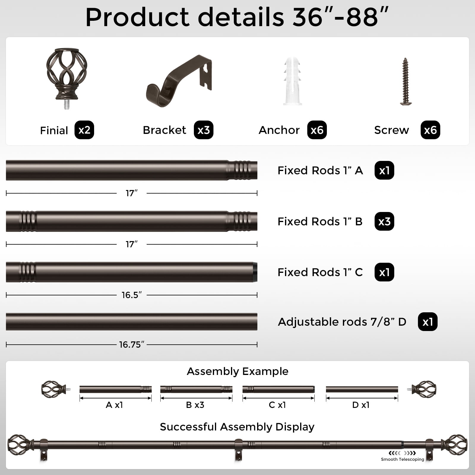 OLV 1" Brown Twist Cage Adjustable Single Curtain Rod Set for Windows,36-88"