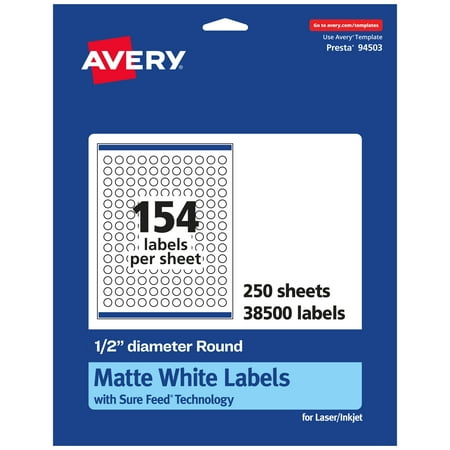 UPC: 0194793050325 | Avery Matte White Round Labels with Sure Feed  1/2  diameter  38 500 Matte White Printable Labels