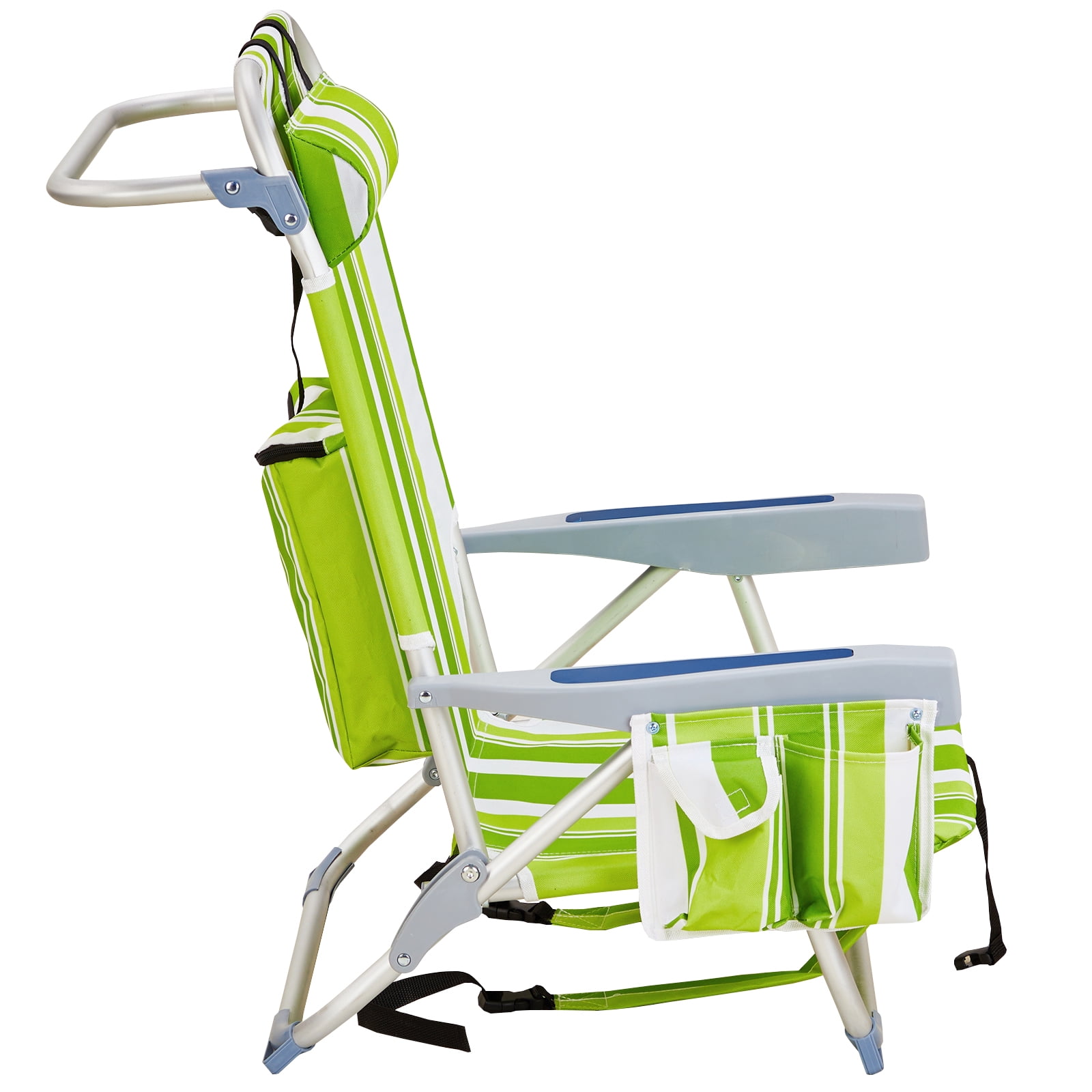 Folding Beach Chair - Lightweight Aluminum Frame, 5-Position Adjustable Back (Lay Flat), Storage Pouches & Cup Holder, for Outdoor Activities, Camping, Picnics, Green Stripes