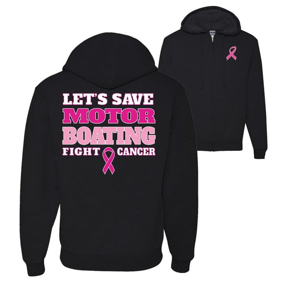 Wild Bobby Breast Cancer Awareness Let's Save Motor Boating Fight Cancer Front and Back Graphic Zip Up Hoodie Sweatshirt, Black, Small