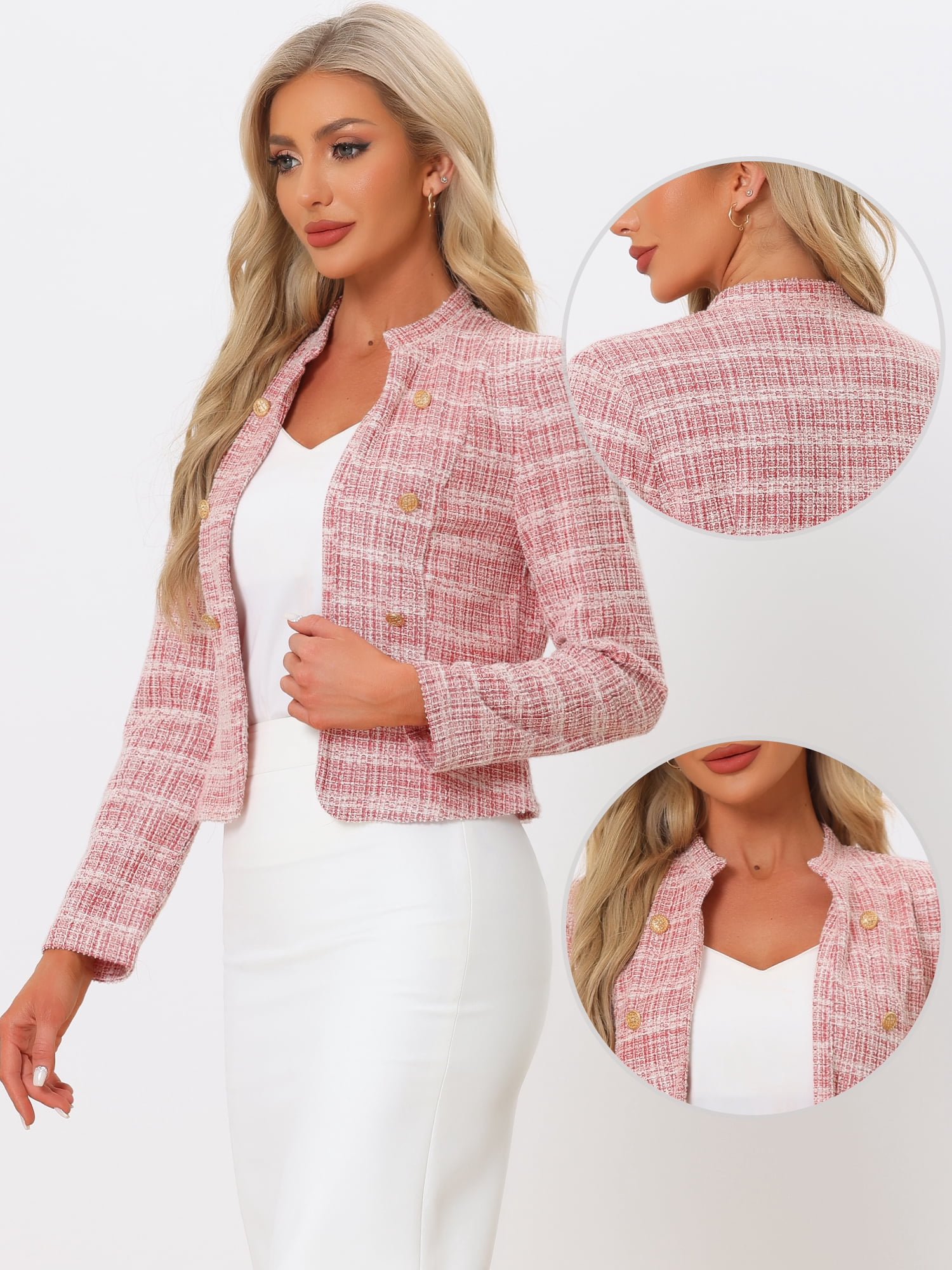 DARING DIVA Women's Elegant Stand Collar Business Plaid Tweed Blazer M Red