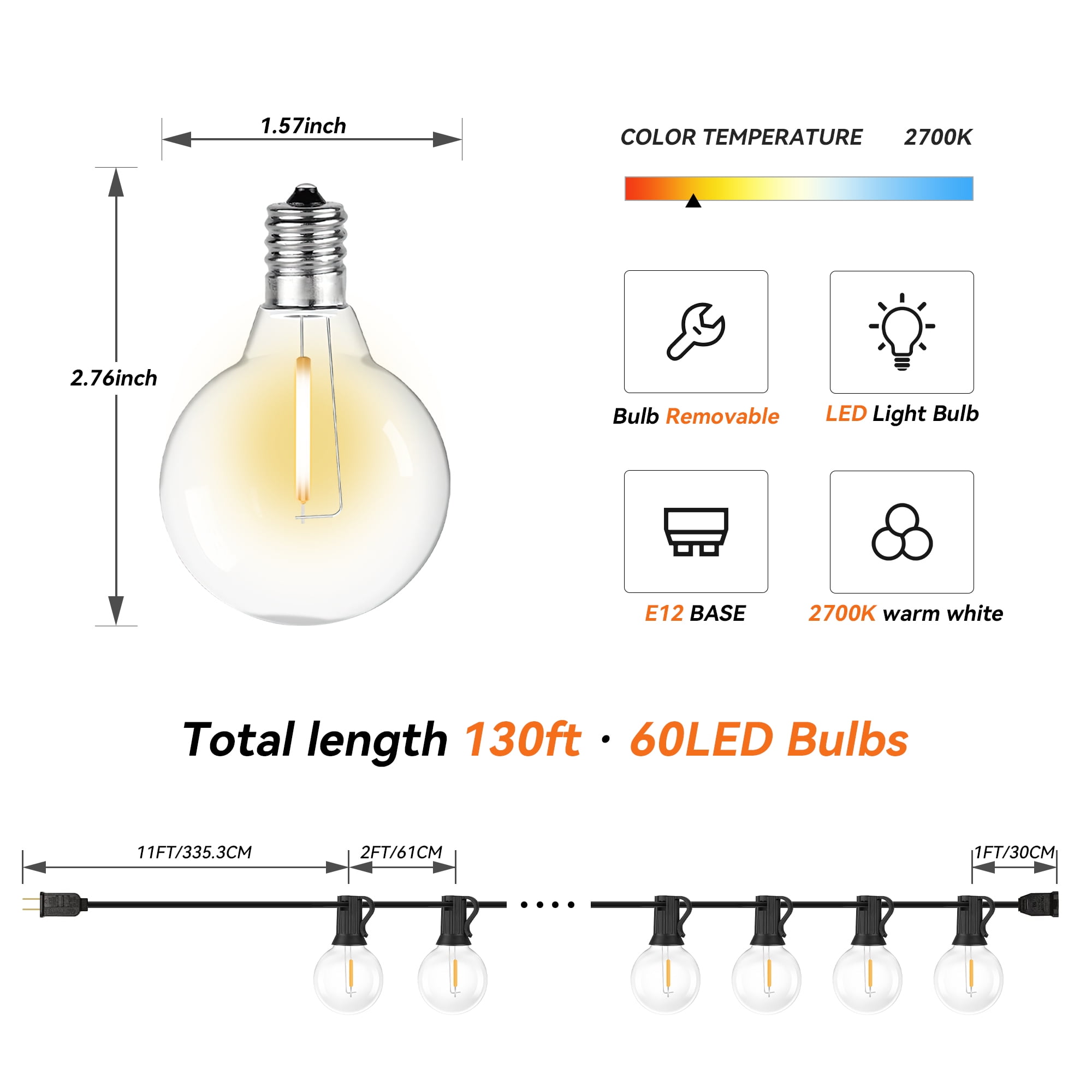 DAYBETTER 130ft Outdoor String Lights, G40 with 60 Vintage Bulbs, Waterproof Connectable Hanging Lights for Backyard, Party