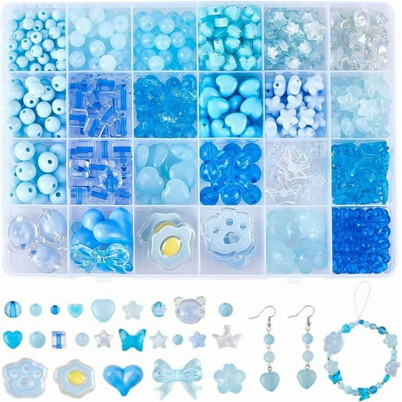 1 Box 539Pcs Blue Acrylic Assorted Beads Cute Aesthetic Beads Bulk Butterfly Heart Flower Stars Bear Kawaii Bead Kits