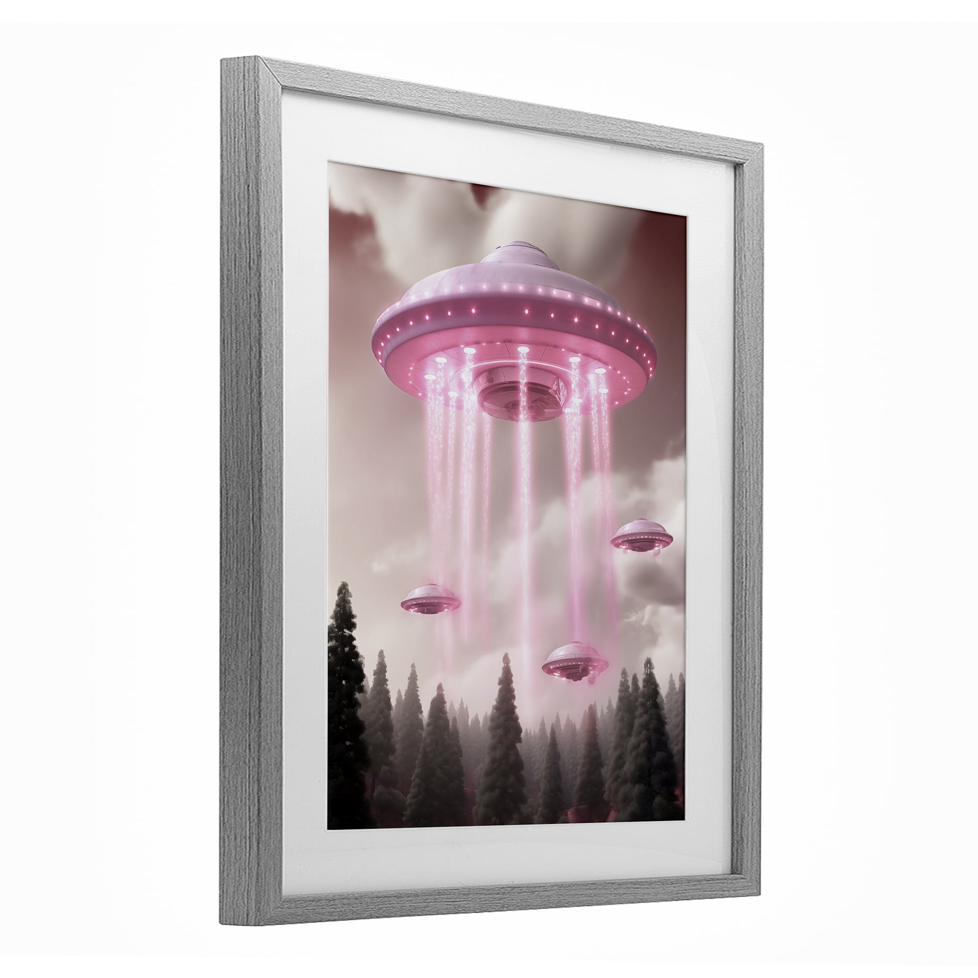 Glam UFO with Pink Beams Gray Framed Print Under Glass, design by Sasha