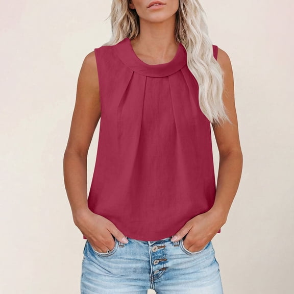 BLCHUNen Tank Tops for Women Cotton Linen Casual Lightweight Sleeveless Pullover Chest Pleated Summer Beach Tops