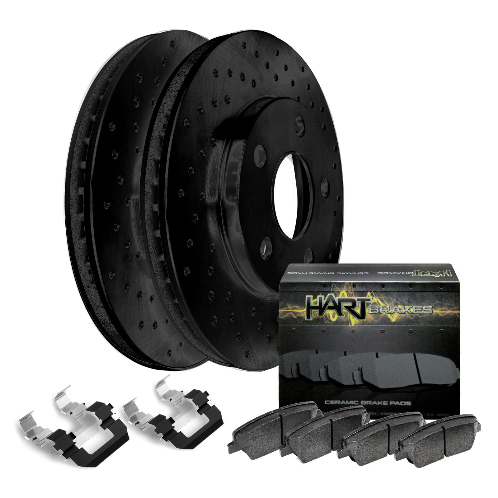 Ceramic Brake Pads Hart Brakes Front Rear Black Drilled/Slotted Brake Rotors Ceramic Brake Pads Hart Brakes Front Rear Black Drilled/Slotted Brake Rotors