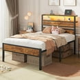 thumbnail image 3 of Farmhouse Twin Size Bed Frame with Storage Headboard, LED Lights and Charging Station, High Metal Platform Bed Twin Size with Heavy Duty Slats, Under Bed Storage, No Box Spring Needed, 3 of 9