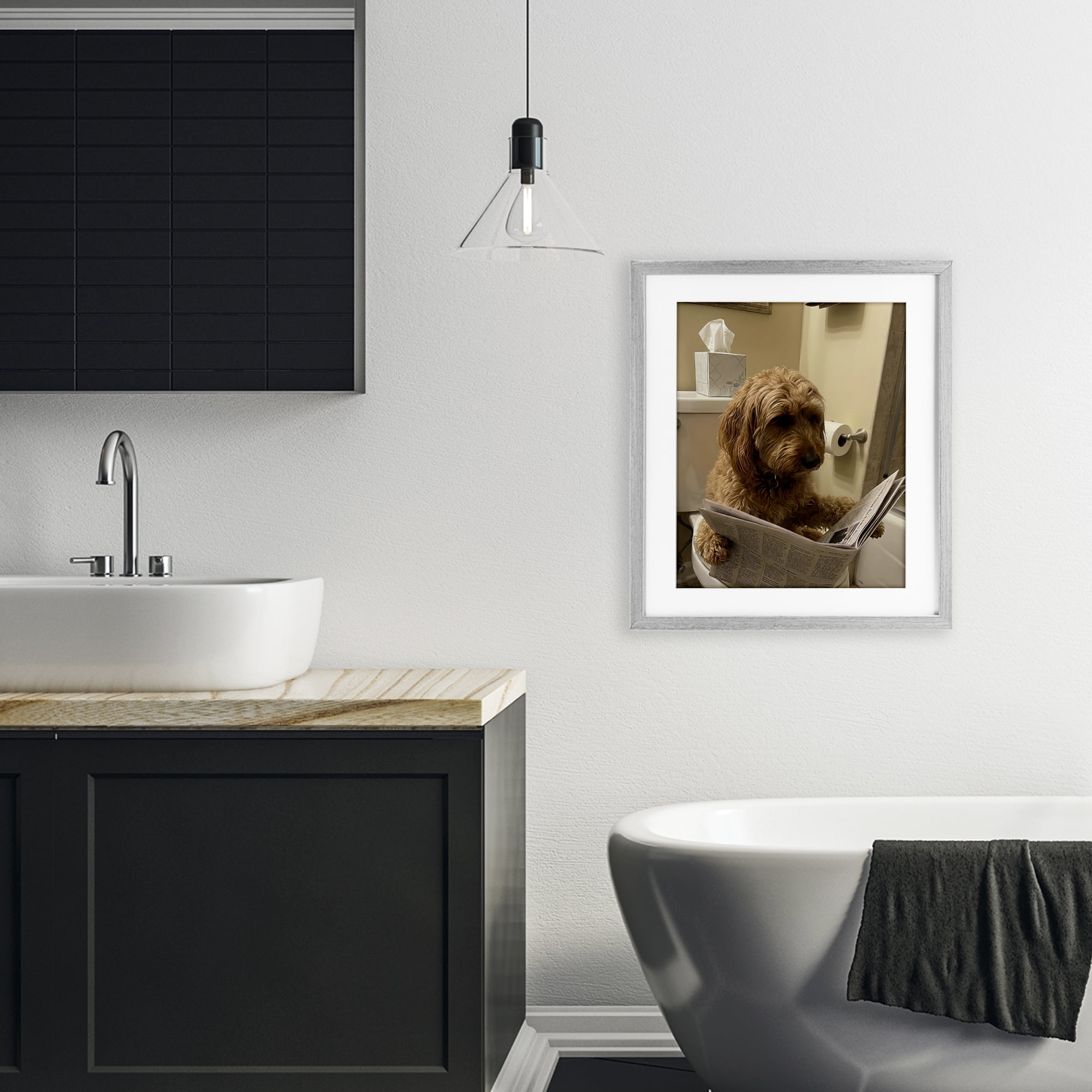 Stupell Industries Dog & Paper on Toilet Gray Framed Print Under Glass, design by Abigail Walker