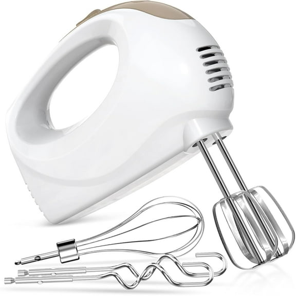 KitchenKey Handmixer - 5 Speed Portable Kitchen Mixer Electric Handheld with 5 Stainless Steel Accessories Whisk, Food Beater, Ivory