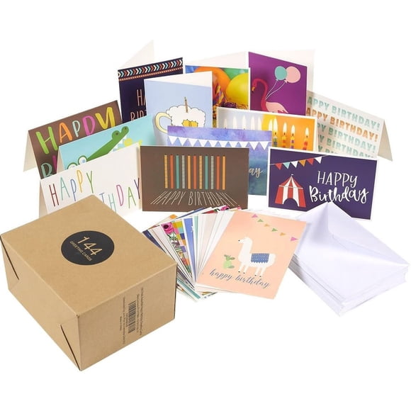 144-Count Birthday Cards Bulk Box Set, 36 Assorted Designs, Blank Inside, Envelopes Included, Ideal for Workplace Men Women Kids Parent