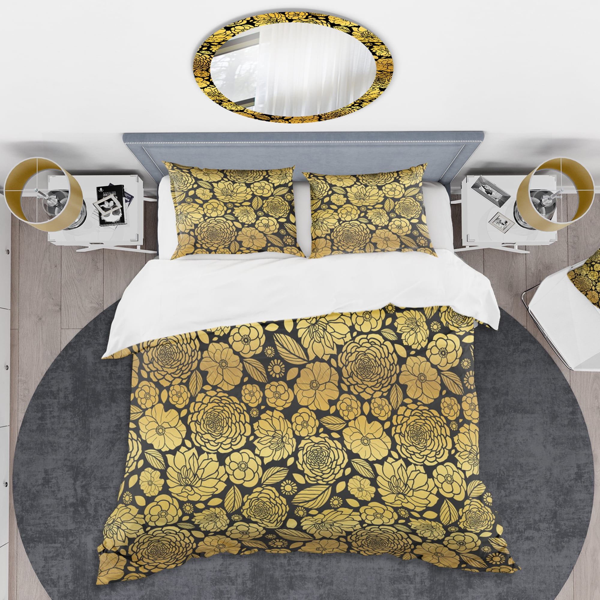 Designart 'Golden Floral II' Mid-Century Modern Duvet Cover Set