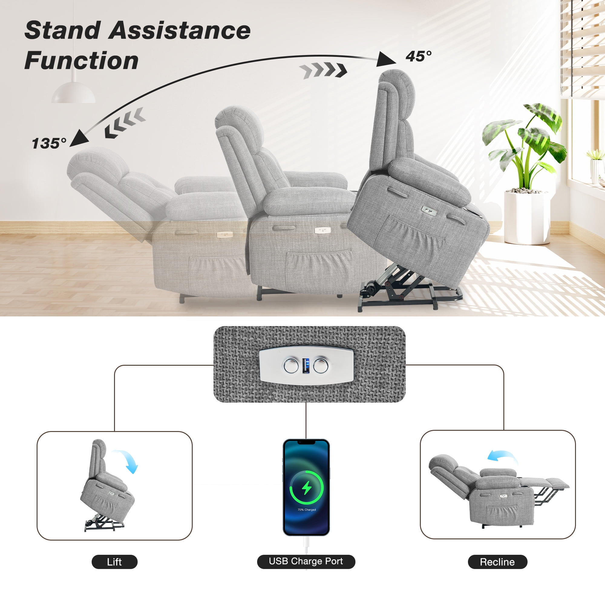 Betisef Adjustable Electric Power Lift Recliner Chair for Elderly, Massage Lift Chair W/ Heat , Assist Recliner Grey