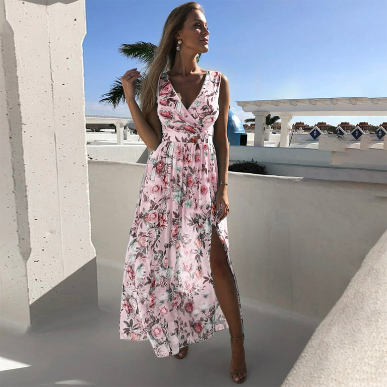 Women Summer Boho Long Maxi Dress Evening Party Beach Dresses Sundress Pink  S