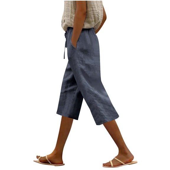 Vibrex Women Linen Pants Capris Pants Loose Elastic Drawstring Pajama Summer Beach Vacation Pants for Women Solid Color Casual Capris with Pocket