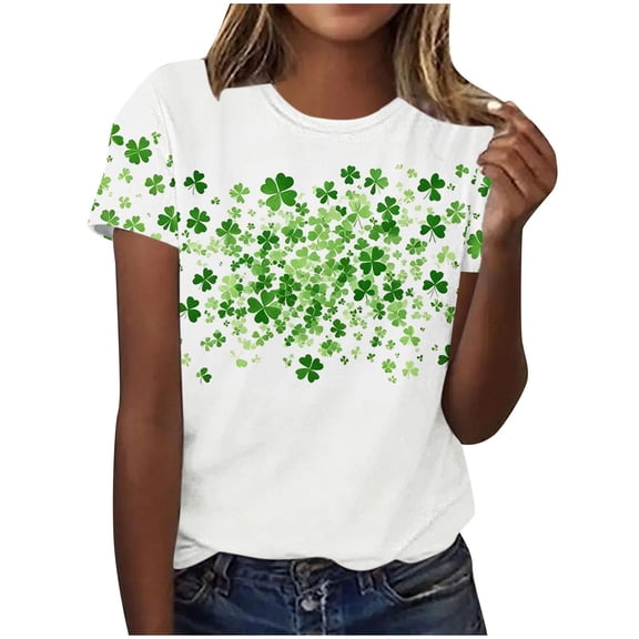 Xdegoge St Patrick's Day Tops Women Leprechaun Hat Clover Allover Print T-Shirt Short Sleeve Crewneck Tee Funny Irish Festival Shirt Summer Casual Holiday