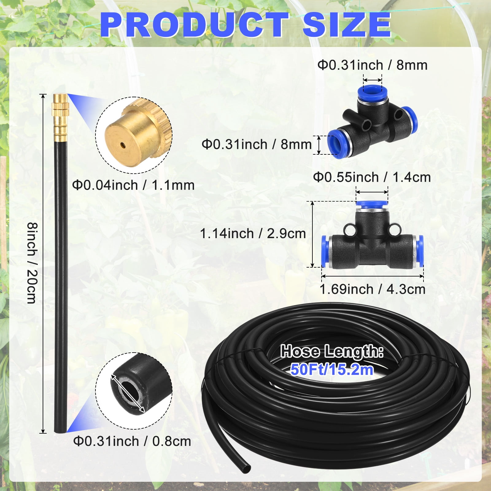 Uxcell 1-Set Drip Irrigation System, 50Ft 5/16" Hoses Garden Watering Misting System with 16pcs 360° Adjustable Copper Nozzles