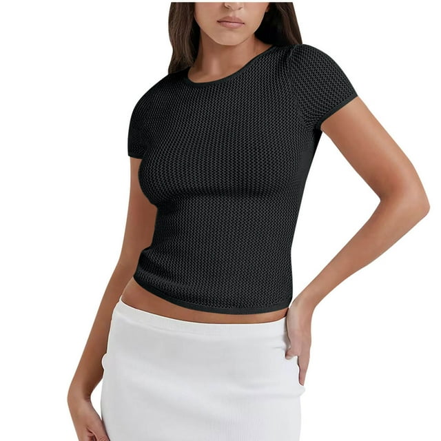 Plebaso Hauts Courts en Maille pour Femmes à Manches Courtes, Chandails Ajourés, Tricotés, Col Ras du Cou, Chandails à Enfiler, T-Shirts