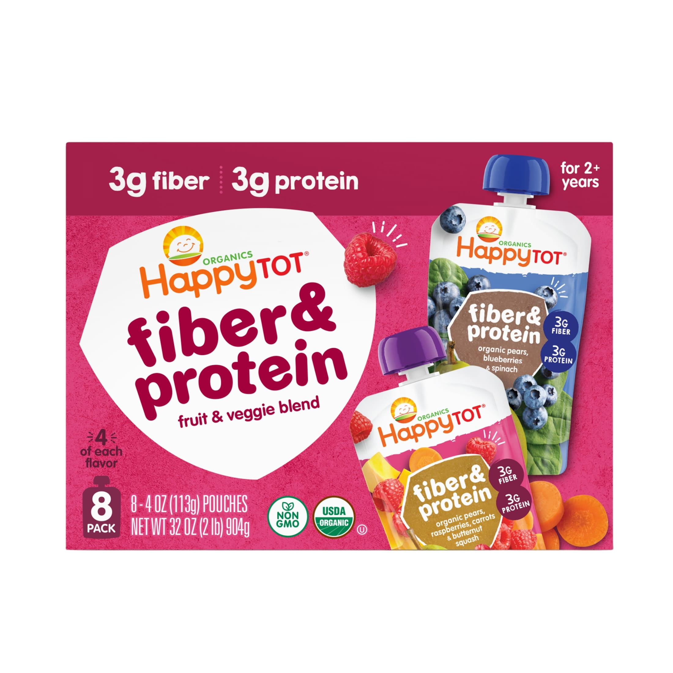 (2 pack) Happy Tot Organics Fiber & Protein Stage 4, 2-Flavor Variety Pack Organic Tot Food, 4 oz (8 Pouches)