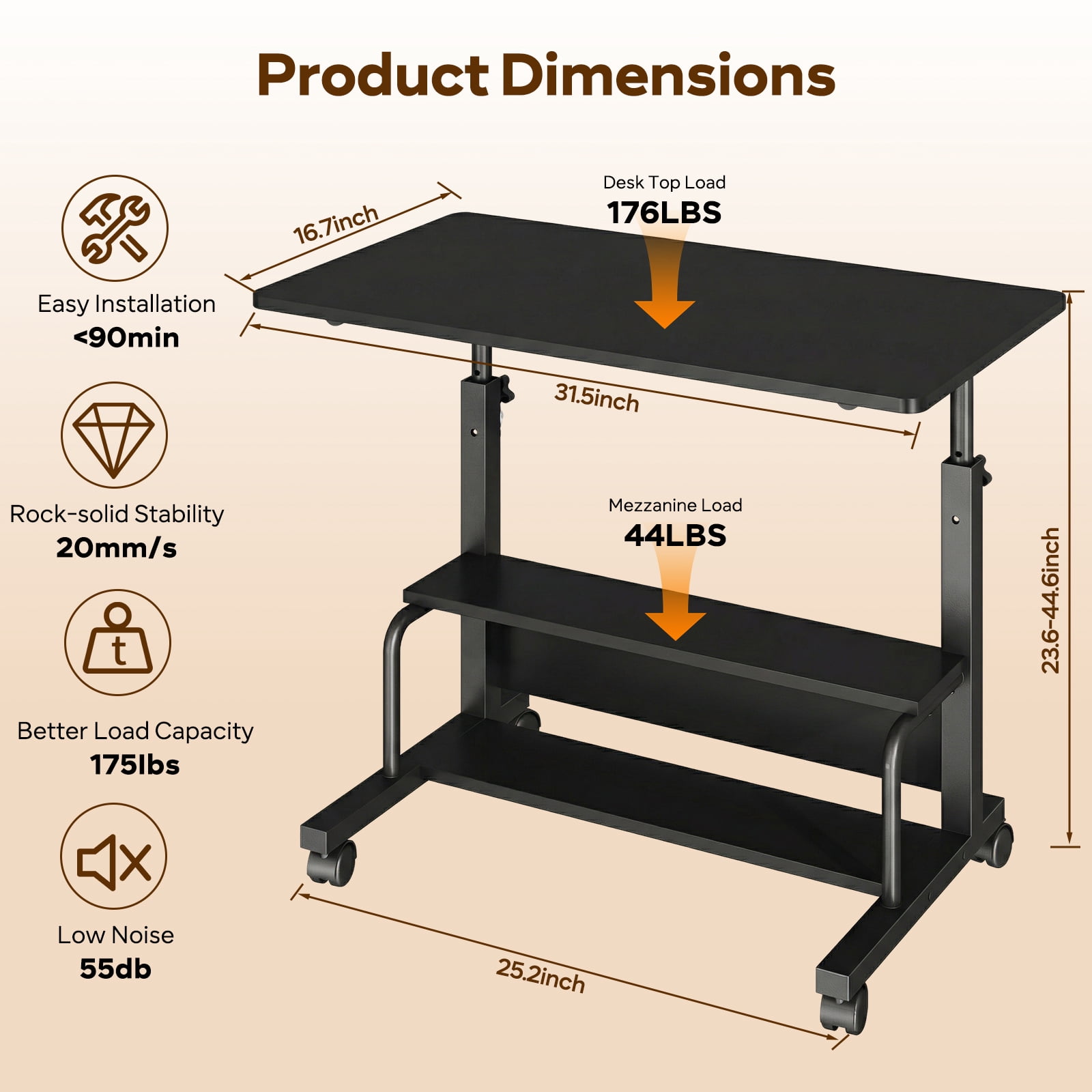 edx Height Adjustable Desk Standing Desk Small Desk for Small Spaces, Mobile Rolling Computer Desk on Wheels, Portable Desks Study Table for Home Office,Black
