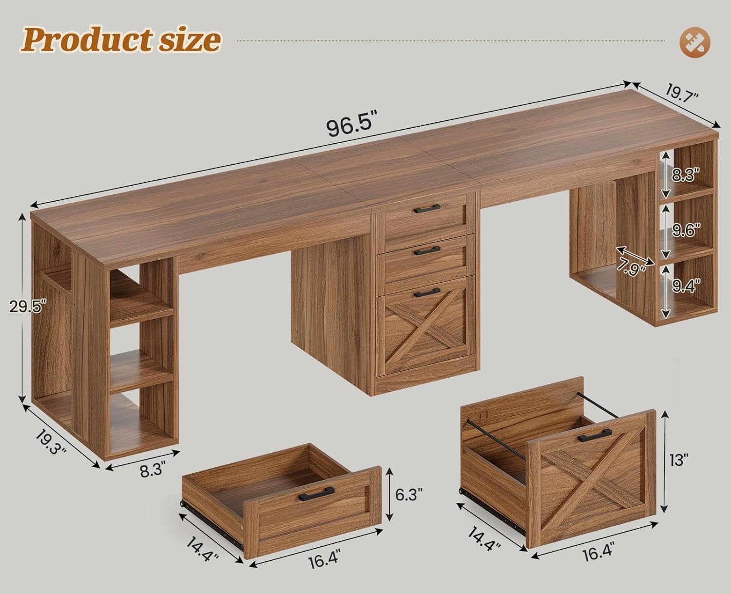 SEDETA Farmhouse 96.5" Computer Desk with Drawers, 2 Person Home Office Desk, Gaming Double Desk with Storage Shelves, Long Two Person Writing Desk, Brown