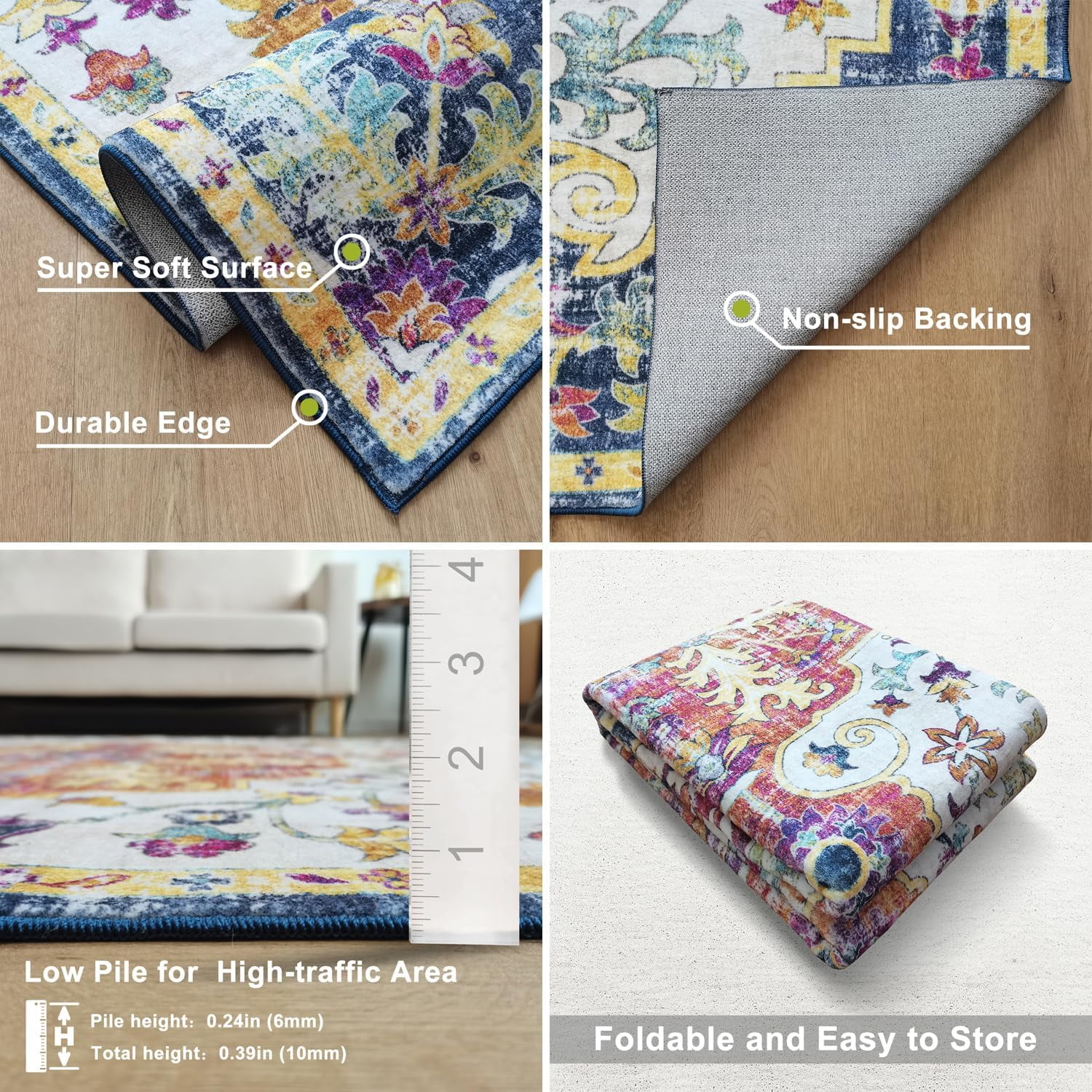 METSAVAIM 4x6 Rug – Bohemian Area Rug for Living Room & Bedroom | Ultra Soft, Non Slip Backing, Machine Washable for Easy Cleaning | Boho Rug ideal for Indoor & Outdoor Use – Blue & Multi