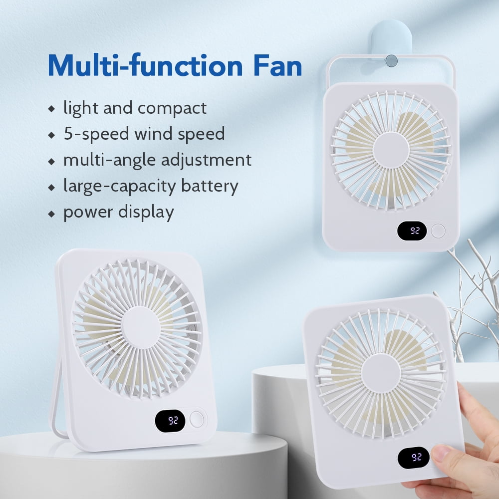 USB Desk Fan, Personal Fan Small Portable Table Fan with 180° Tilt Folding and Power Display and, Battery Rechargable Fan 5 Speeds Strong Wind Ultra Quiet Cooling Fan For Bedroom Desktop Travel