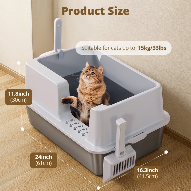 DOMIPET Extra Large Stainless Steel Cat Litter Box, Metal Litter Pan With Lid, 2x Scoop, High Sided, Leak-Proof & Easy Cleaning
