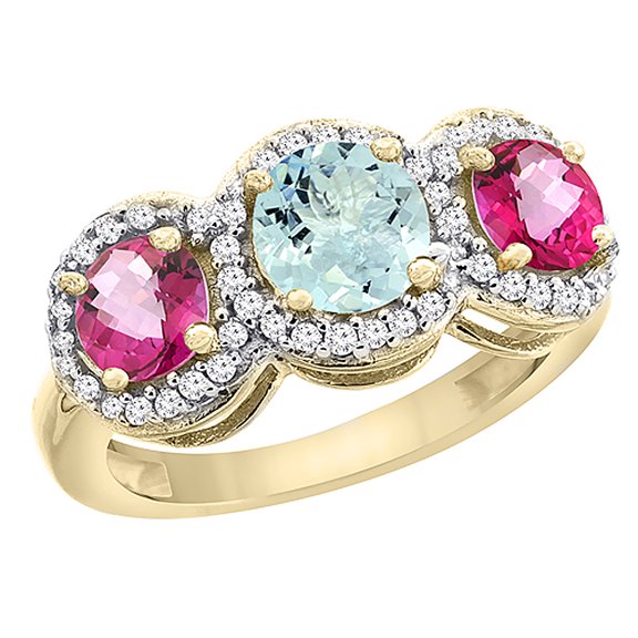 14K Yellow Gold Natural Aquamarine & Pink Topaz Sides Round 3-stone Ring Diamond Accents, size 7.5