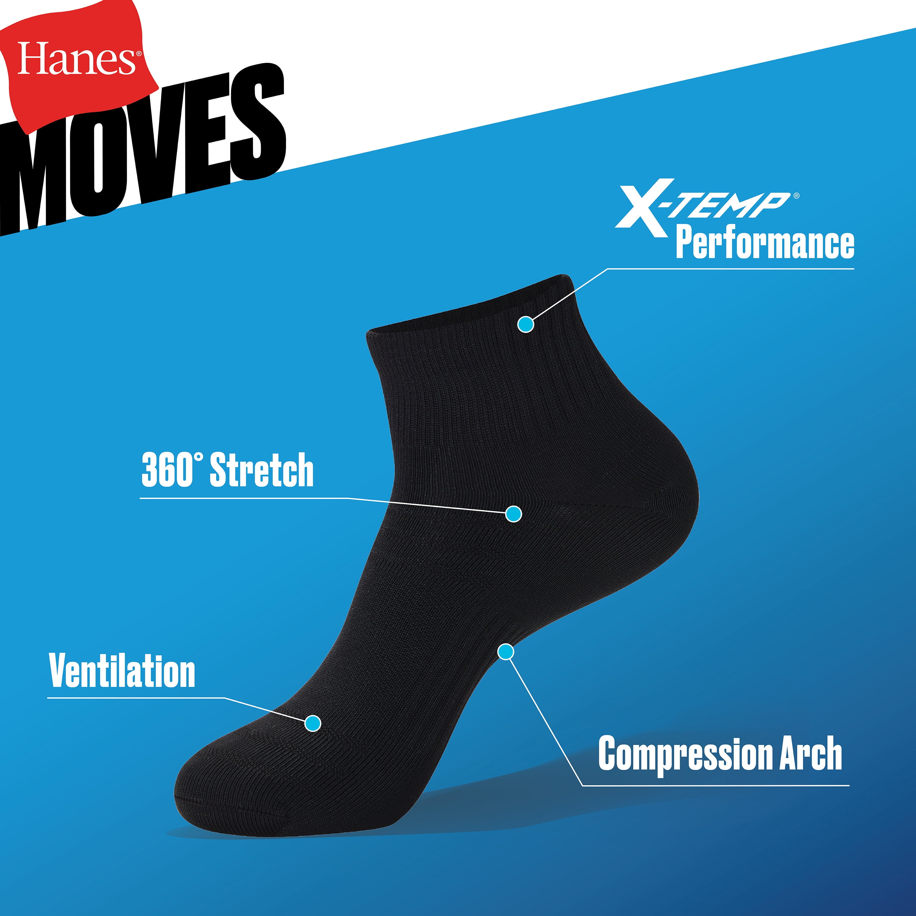 Hanes Mens Ankle Socks Value Pack, 3-Pack, Moves X-Temp 360-Degree Stretch Socks for Men