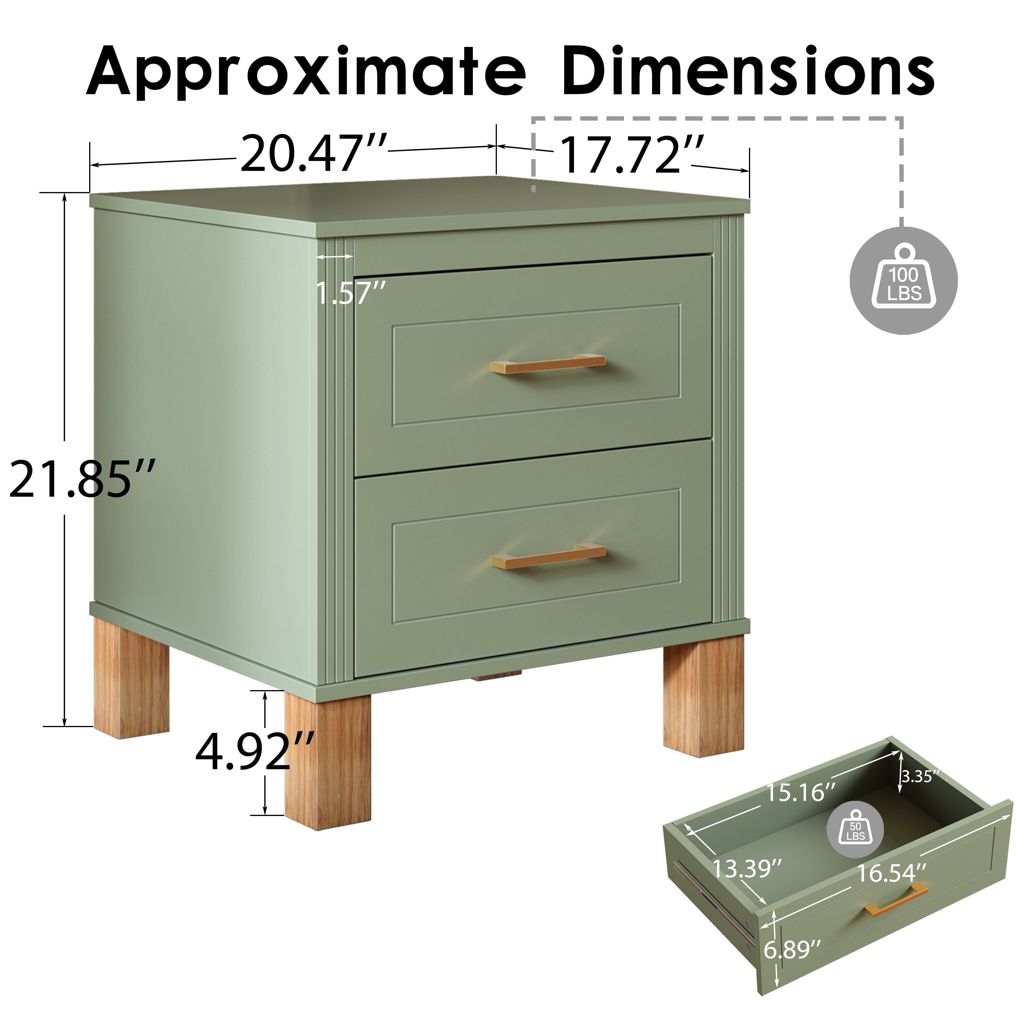 2 Drawer Nightstand, Premium Wood Storage with Elegant Fluted Design, Solid Wood Legs Nightstand with Metal Handle, Tall Bedside Table for Bedroom Living Room, Sage Green