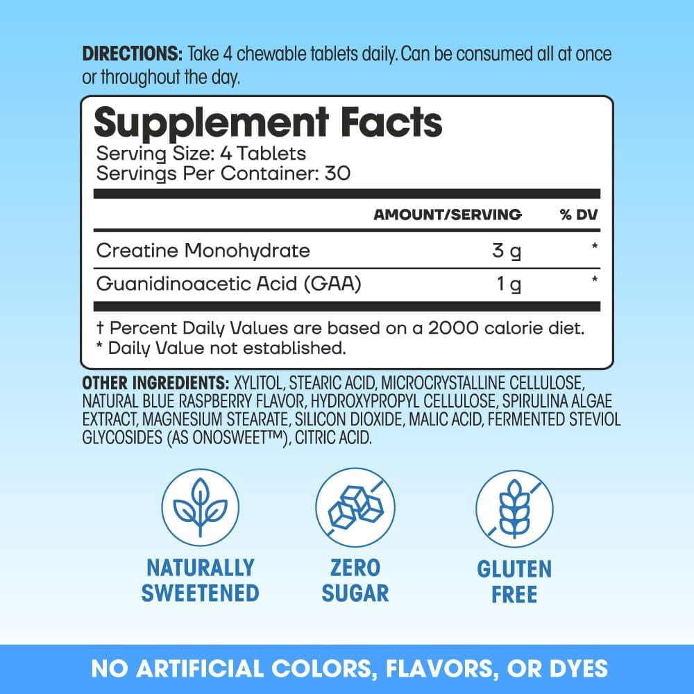 Fit & Lean My Lean Creatine Chewable Tablets, Creatine Monohydrate with GAA, Muscle Performance, Cognitive Function, Reduced Water Retention, Blue Raspberry, 120 Count, 30 Servings