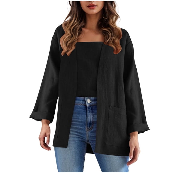 Women's Lightweight Open Front Cardigan Long Sleeve Solid Color Tops Casual Soft Drape Cardigan with Pockets