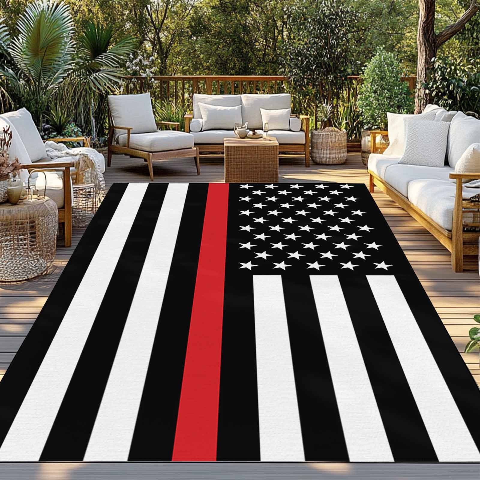 Fsddascl Red White Stripe Fireman American Flag Outdoor Rug for Patio/Deck, Non-Slip Large Area Rug 5 x 8 Ft, Fire Fighter USA Flags Indoor Outdoor Rugs Washable Area Rugs, Camping Rug Carpet