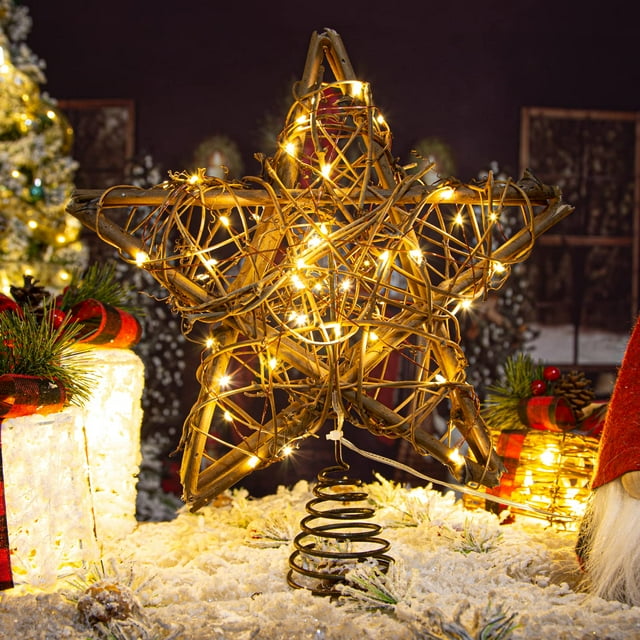 WJCA Natural Star Tree Topper with 50 Warm LED Lights, Rustic Farmhouse Christmas Decor for Holiday Indoor Decorations, Brown.