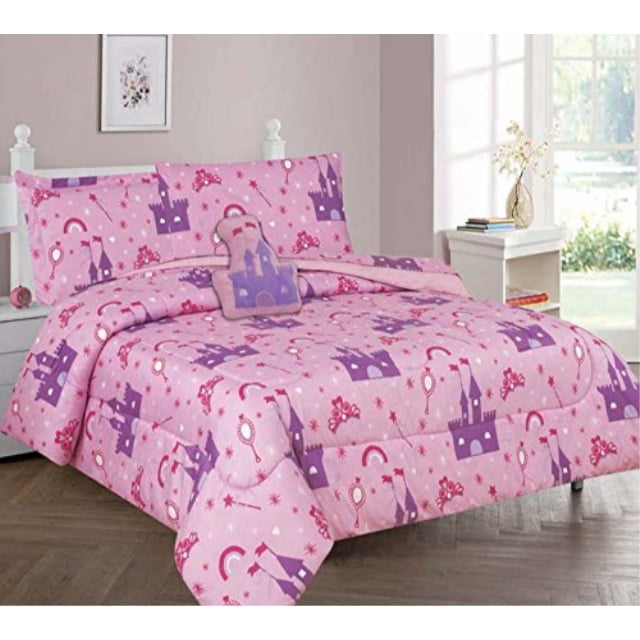Elegant Home Multicolor Pink Purple Princess Palace Castle Design 6 Piece Comforter Bedding Set For Girls Kids Bed In A Bag With Sheet Set Decorative Toy Pillow Princess Palace