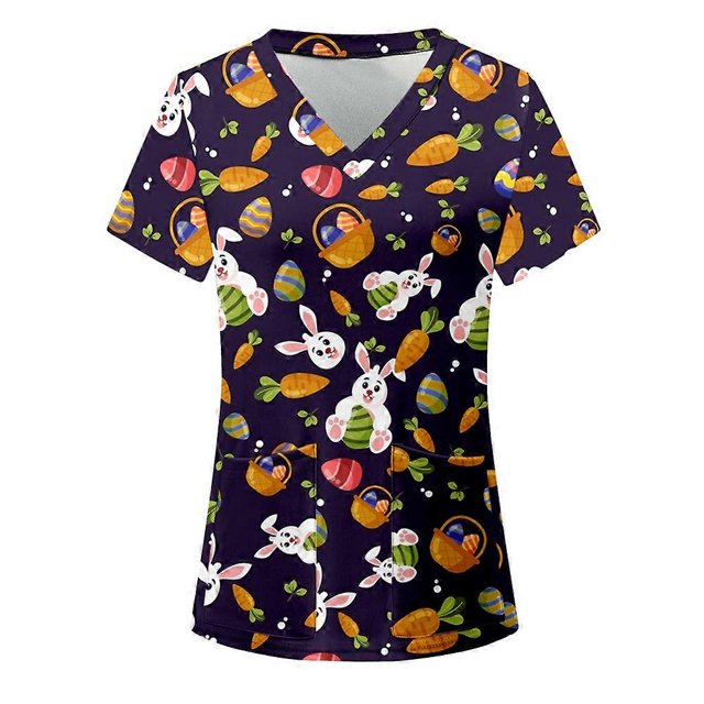 Easter Scrub Tops Women Bunny Egg Hunt Print Medical Scrub Tops