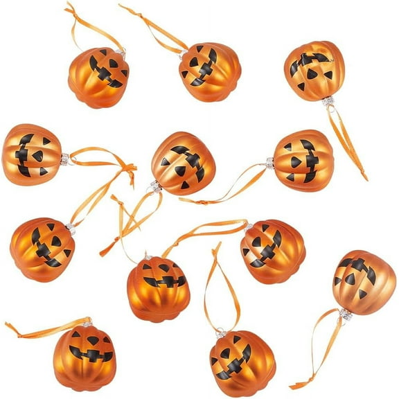 12PCS 2.3 Inch Fall Pumpkin Halloween Ornaments Jack O Lantern Tree Decorations Plastic Night Christmas Tree Hanging Ball Ornament Pendant for Thanksgiving Holiday Home Décor