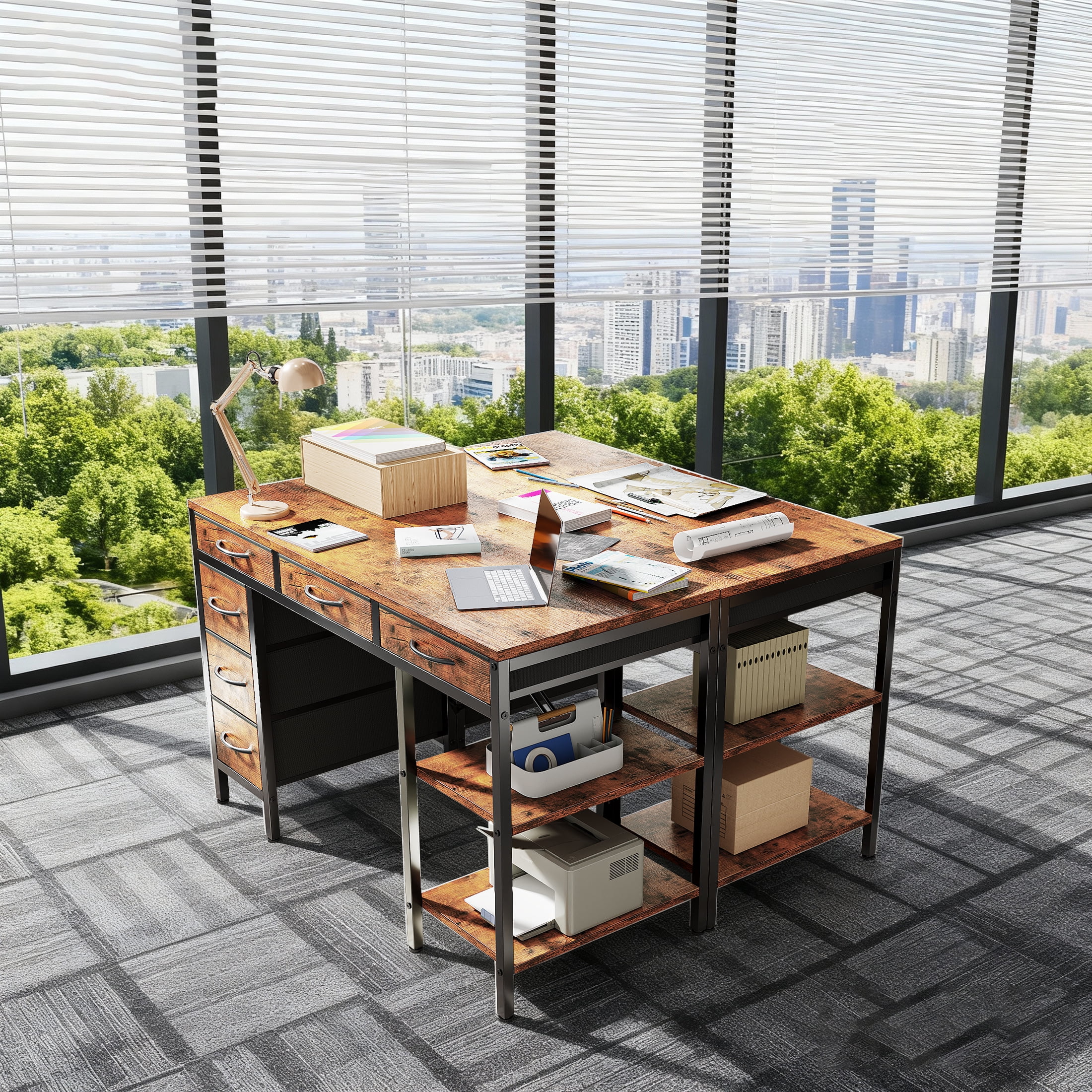 CONCETTA 47 inch Computer Desk with 6 Drawers & 2 Open Shelves, Modern Home Office Desk with Storage, Writing Study Desk for Bedroom, Workspace，Rust